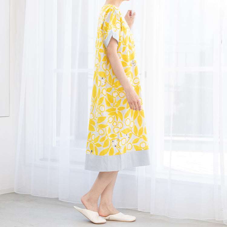 绉纱印花连衣裙 M（树叶/黄色）MOR103-42111