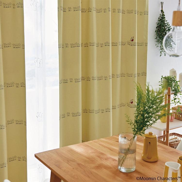 ドレープカーテン135cm丈1枚（ニョロニョロボーダー/イエロー）A1043＜取り寄せ品＞