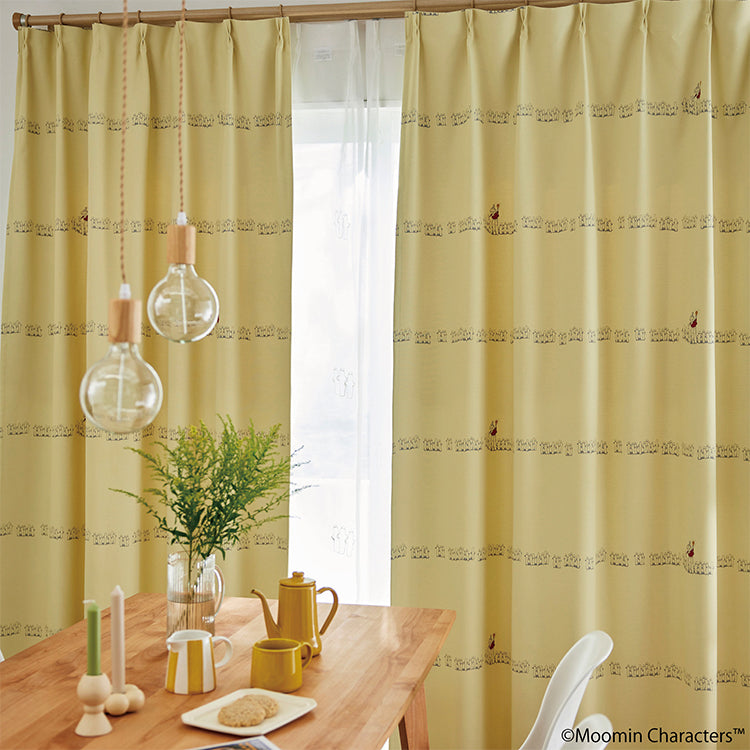 ドレープカーテン200cm丈1枚（ニョロニョロボーダー/イエロー）A1043＜取り寄せ品＞