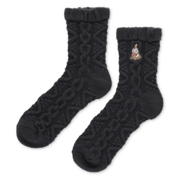 ロークルーソックス ふわふわニット（リトルミイ刺しゅう/アラン/ブラック）MNL453506-001