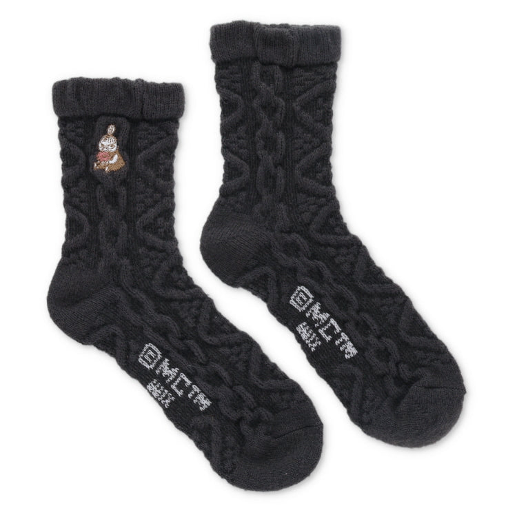 ロークルーソックス ふわふわニット（リトルミイ刺しゅう/アラン/ブラック）MNL453506-001