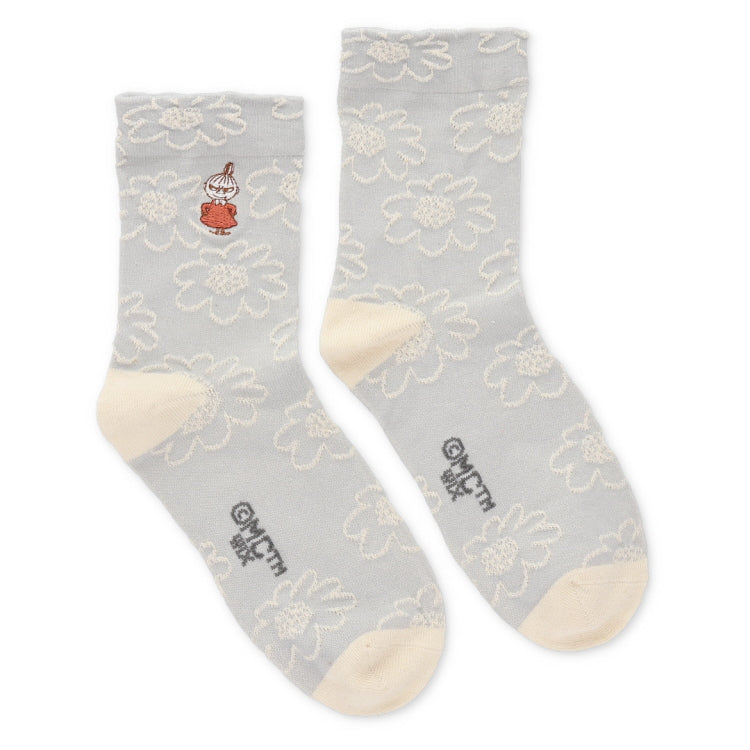 シルク入りロークルーソックス（リトルミイ刺しゅう/フラワー/ミディアムグレー）MNL663202-003