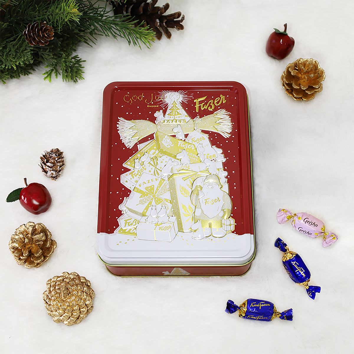 Fazer GodJulデザイン缶入りチョコレート（レッド）FAZ170178※